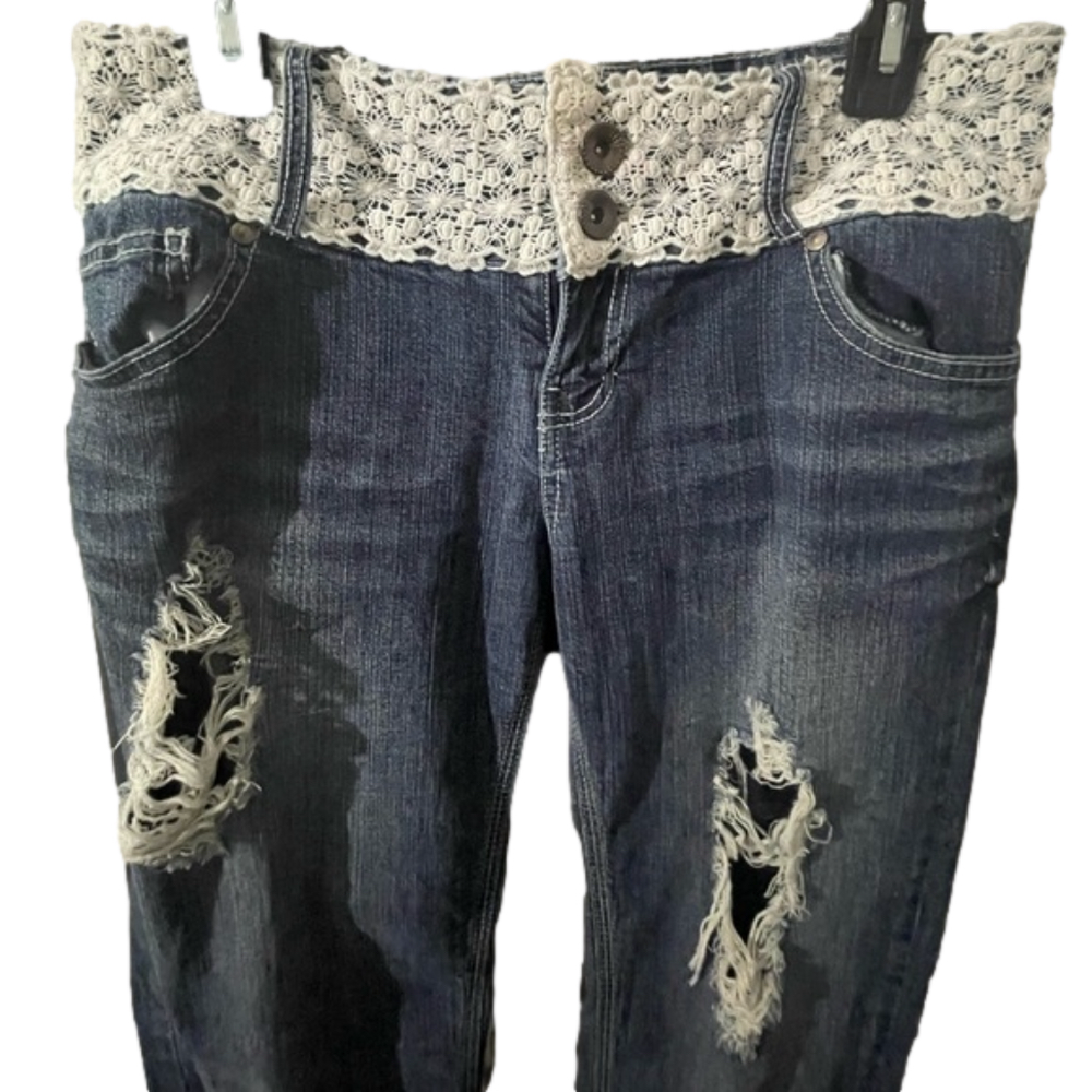 Blue Spice Lace Waist, Ripped Denim High Waist Jeans, Size 11